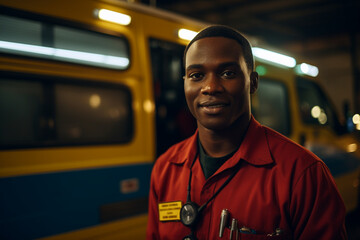 Portrait of African male paramedic in front of ambulance - obrazy, fototapety, plakaty
