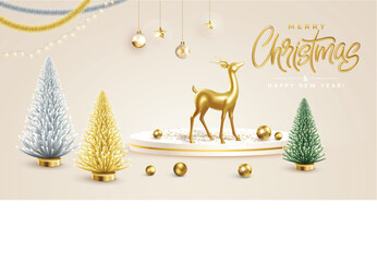 Christmas decorations vector collection. Set of realistic 3d white gold trending ornaments for christmas design isolated on white background. Christmas tree, star, deer, frame. Vector illustration