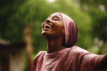 Portrait of Authentic African Woman Enjoying the Blessing of Falling Rain, Female From a Rural Village Standing Under the Rain with a Blurry Greenery Background and Feeling Refreshed by Water