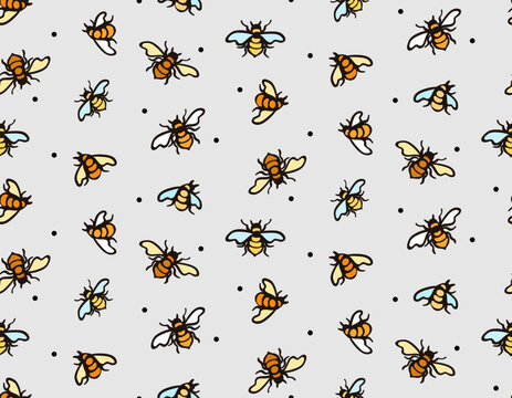 Flying bees hand drawn on a gray background