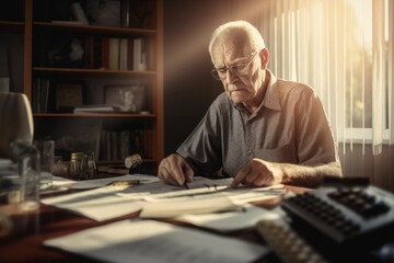Obraz premium Pensioner managing finances at morning sunlight. Sad senior retiree tax stress. Generate Ai