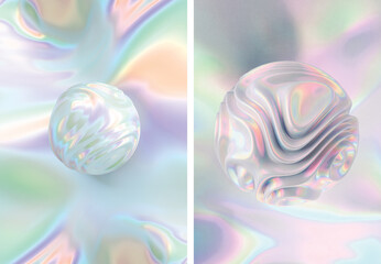 Set of Iridescent Abstract Background with 3d Sphere for poster, flyer, brochure. 3D Render. - 670026207