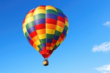 a colorful hot air balloon rising into a clear sky