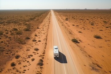 birds-eye view of a caravan on a desert road