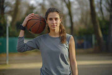 Portrait of Beautiful Young Woman Holding Basket Ball, Looking at the Camera and Smiling in Outdoor Court, Female Athlete Defying Stereotypes and Following her Dream of Going Professional