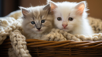cute fluffy long-haired cats on a knitted blanket in a wicker basket, kittens, pets, domestic, postcard, wallpaper, animal, care, eyes, whiskers, wool, comfort, home, portrait, feline