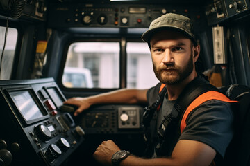 Portrait of Caucasian train driver sitting in driver's seat of subway train for public transportation, In background vehicle dashboard with commands, buttons, switches and monitors