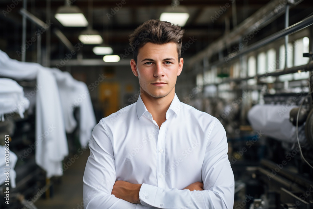 Canvas Prints Portrait of confident businessman, Male professional is wearing shirt, He is at textile factory