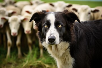huddled flock of sheep following a shepherd dog