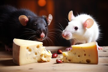 Fototapeta premium a rat giving another rat a small piece of cheese