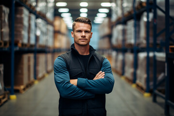 Portrait of confident worker standing arms crossed in distribution warehouse