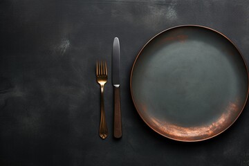 Top view of An empty plate with cutlery on a dark concrete background