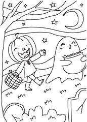 Halloween coloring page for kids. Cute pumpkin and ghost walking. Trick or Treat coloring page.