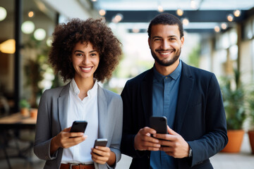 Portrait of happy entrepreneurs of caucasian and african american nationality standing next to each other and smiling at camera, Positive attractive business partners holding modern gadgets in hands - obrazy, fototapety, plakaty