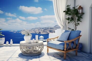 Interior armchair and table with a Santorini style. Generative AI