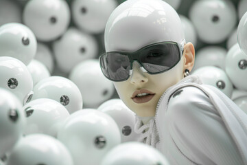 Futuristic white Woman in Transparent Cybernetic Armor with the Background of the Balls, in the Style of Porcelain Fashion of the Future Wallpaper Magazine Background Digital Art Cover Card Poster
