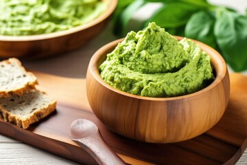avocado spread on whole wheat baguette slices on a wooden bowl