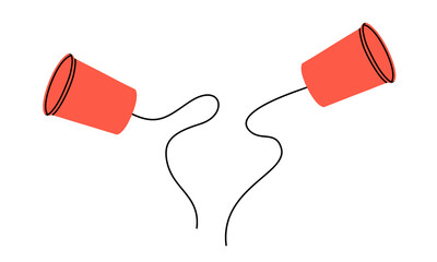 Hand drawn cute cartoon illustration paper cup phone. Flat vector two paper cups with broken string sticker in colored doodle style. Handmade call device icon or print. Dispute, conflict. Isolated.