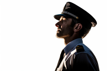 Portrait of one caucasian man in airline pilot uniform silhouette in studio isolated on white background