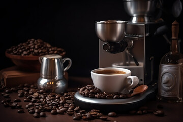 Coffee machine and coffee beans on a wooden table. Dark background.