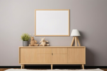 Mockup frame in children bedroom with wicker furniture, Copy space. AI Generative