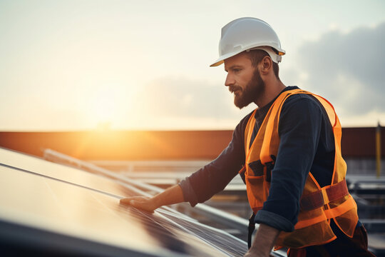 Portrait of professional worker technician standing on rooftop and installing solar panels for sustainable energy