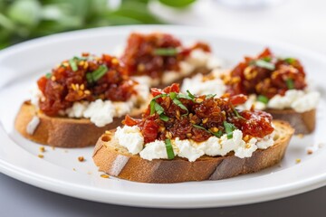 Naklejka premium close-up of bruschetta with ricotta and sun-dried tomatoes on a white plate