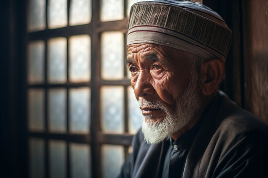 Portrait of senior asian muslim man with beard wearing skullcap sitting by window