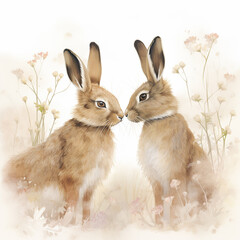 Obraz premium AI Easter card with two Easter bunnies and flowers in a frame in Rococo style, beige pastel colors. Square format.