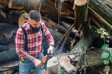 Action shot of the lumberjack in the woods, slicing through logs with a chainsaw, sawdust and smoke filling the air.