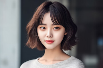 Fototapeta premium Beautiful Asian Woman, Close up on her face with Smooth skin look at the camera on a White background in Studio light. generative AI
