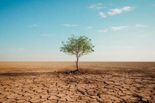 A green tree grows on dry and cracked ground