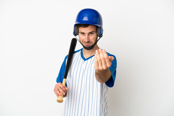 Young caucasian man playing baseball isolated on white background inviting to come with hand. Happy that you came