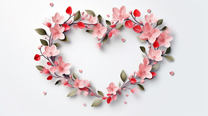 Postcard for Valentine's Day. Garland of red flowers in the shape of a heart. Space for text. Horizontal format