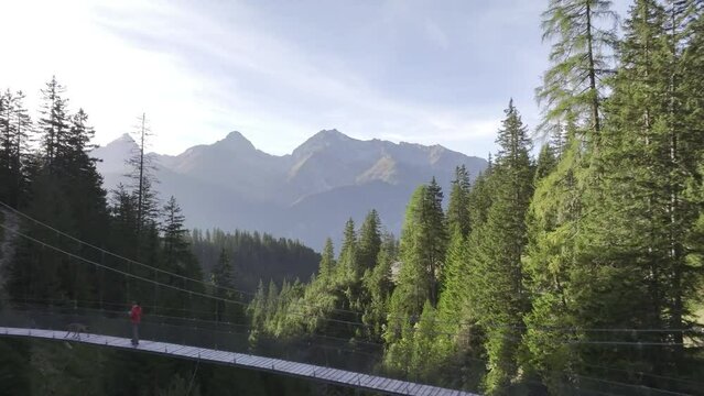 Aclas d'Alvagni suspension bridge, drone shot, Alp Aclas Dafora, Alvaneu, Grisons, Switzerland, Europe