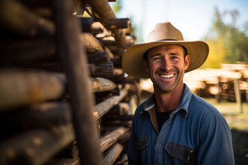 Portrait of Smiling rancher carrying fence posts outside barn - obrazy, fototapety, plakaty