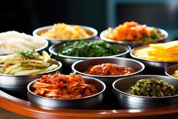 stack of various korean banchan dishes, focus on kimchi - obrazy, fototapety, plakaty