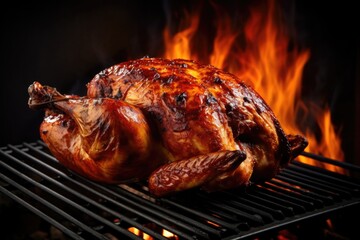 whole chicken on barbecue smoking with coal glow