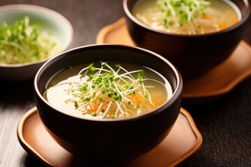 overhead photo of miso soup with soybean sprouts garnish