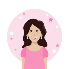 woman smiling pink dress dark hair flat style vector