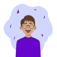 portrait of a kind man fair skin dark hair, mustache, smile, purple sweater flat style vector