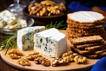 Obraz na płótnie Canvas gorgonzola cheese on rye crackers with walnuts besides them