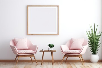 A minimalistic, simple, and modern interior space featuring empty frames for wall art mock-ups. The wall art printing mock-up is paired with a blend of luxurious and minimalist furnishings.