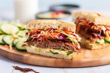 sandwich with chunky coleslaw topped with pickle