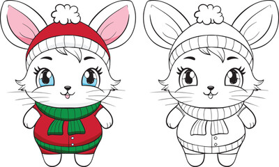 Christmas Rabbit cartoon. Black and white lines. Coloring page for kids. Activity Book.