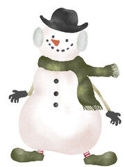 水彩で描いた雪だるまのイラスト　マフラーとシルクハットと手袋がかわいい笑顔の雪だるま