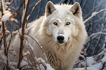 Obraz premium illustration of white wolf in snow forest. Created with Generative AI