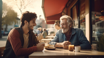 Senior father spending time with his adult son have a happy feeling together - obrazy, fototapety, plakaty