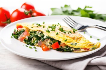 veggie omelette on white plate with silver fork