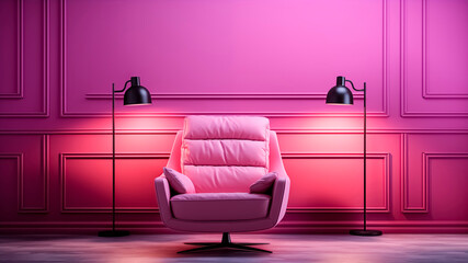 Pink armchair in classic interior with floor lamp and wall mockup. - obrazy, fototapety, plakaty